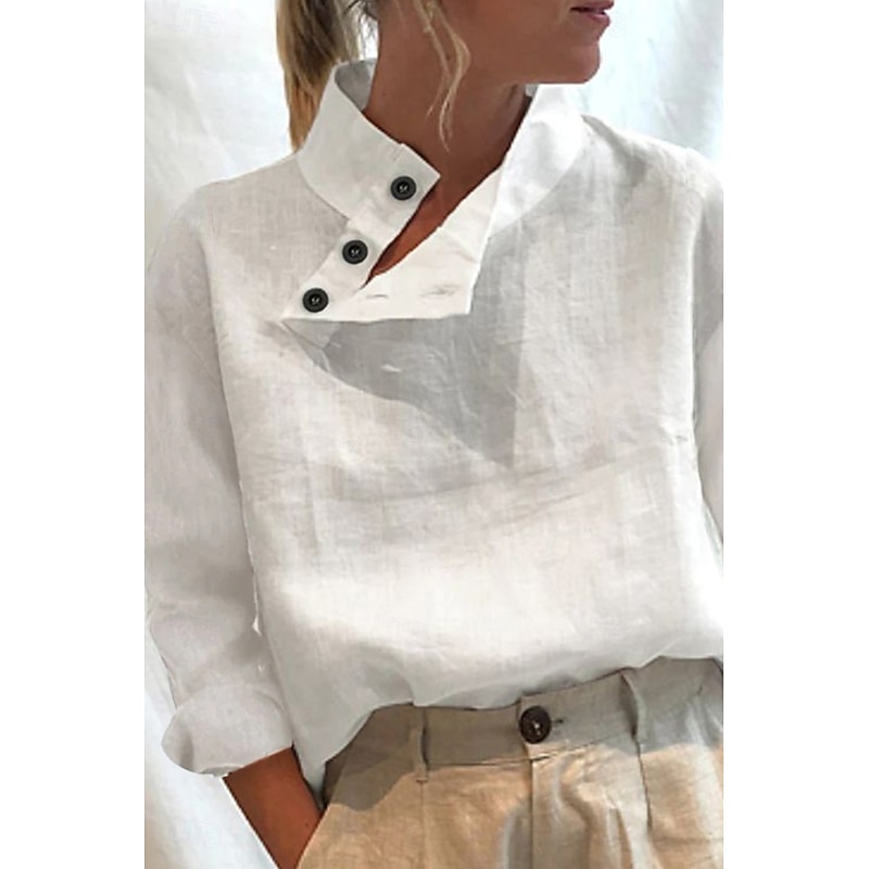 Women's Shirt Cotton Linen Shirts Blouse Plain Basic Modern Casual Long Sleeve High Neck Regular Tops Daily Going out Buttons White Summer