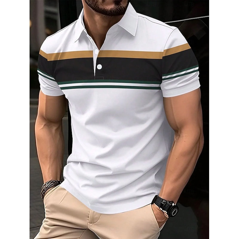 Men's Polo Shirts Golf Shirt Business Casual Ribbed Polo Collar Short Sleeve Fashion Basic Color Block Stripes Buttons Summer Spring &  Fall Regular Fit Black Polo Shirts2