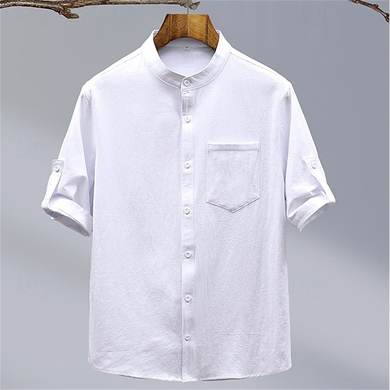 Men's Shirt Linen Shirt Casual Shirt Button Up Shirt Cotton Shirt Plain Vacation Street Black White Green Short Sleeve Grandad Collar Summer Clothing Apparel Front Pocket