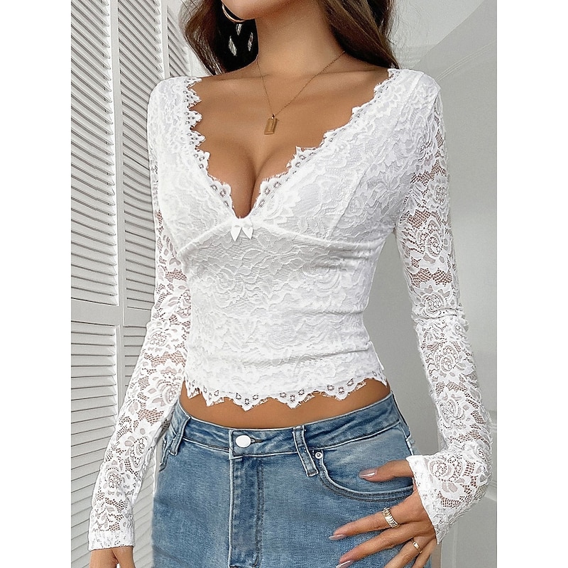 Women's Shirt Blouse Plain Stylish Sexy Modern Long Sleeve V Neck Regular Tops Daily Holiday Lace Patchwork Black White Pink Red Navy Blue Summer Spring2
