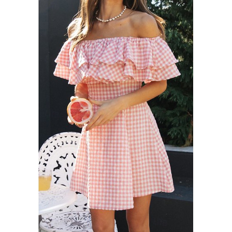 Women's Mini Dress Graduation Dress Fashion Outdoor Daily Holiday Regular Fit Plaid Short Sleeve Off Shoulder Pink Summer