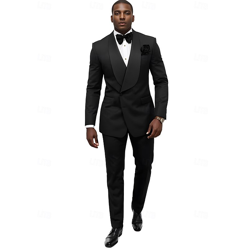 Men's Wedding Prom Party Suits Black Formal Solid Colored Standard Fit 2 Piece Single Breasted Two-buttons3