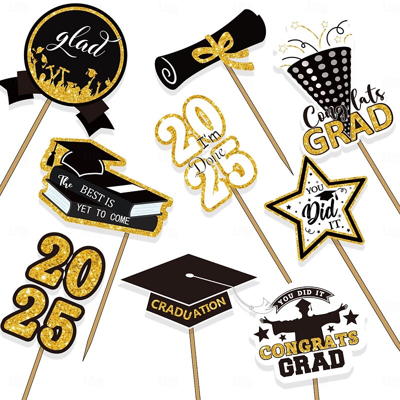 2025 Graduation Party Black and Gold Cake Toppers, Graduation Table Decor, Vase Picks, Insert Cards, Flag Picks for Graduation Celebration