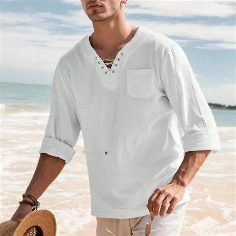 Men's Shirt Popover Shirt Summer Shirt Beach Shirt Plain Vacation Casual White Khaki Long Sleeve Band Collar Spring & Summer Clothing Apparel