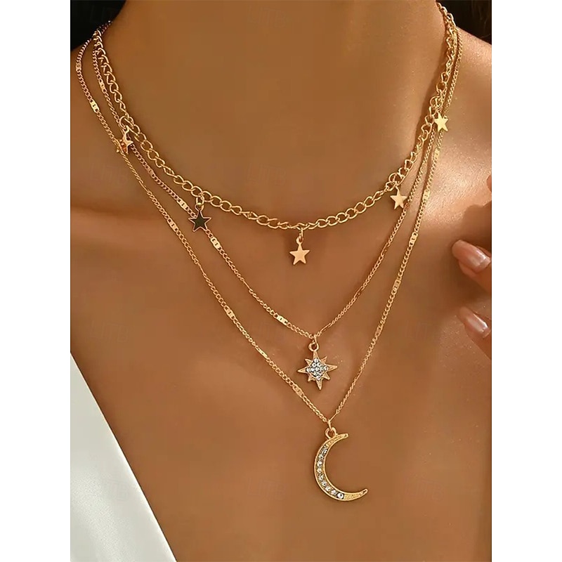 Gold Layered Moon and Star Pendant Necklace – Elegant Bohemian Multi-Layer Chain Jewelry for Women, Dainty Celestial Charm Necklace, Perfect for Parties, Weddings and Gifts4