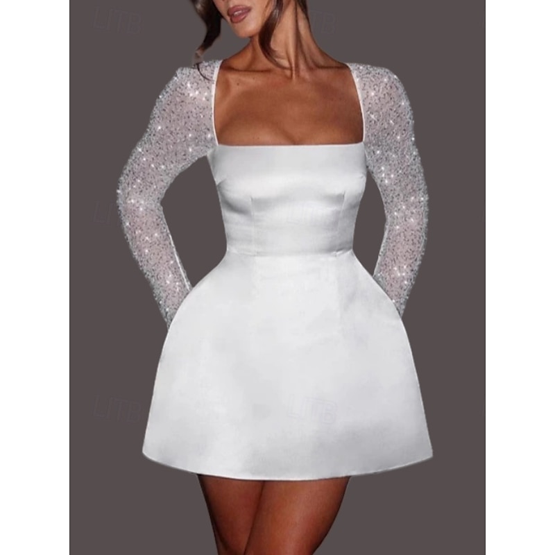 Engagement Little White Dress Bridal Shower Dresses Wedding Dresses A-Line Square Neck Long Sleeve Short / Mini Satin Bridal Gowns With Pearls Pattern