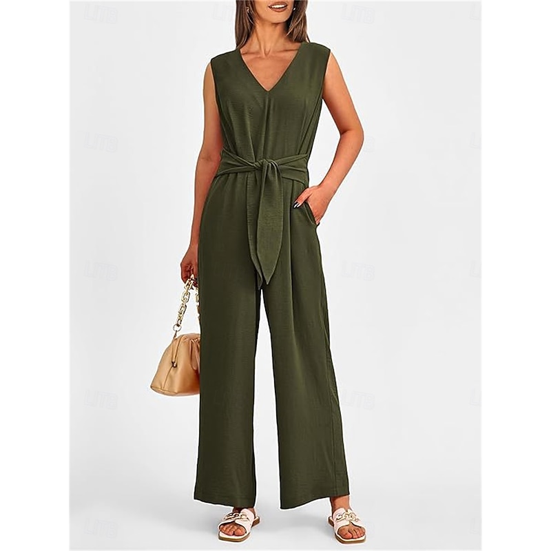 Women's Jumpsuit Active Solid Color Sleeveless V Neck High Waist Vacation Daily Linen Like Regular Fit Black Wine Army Green Summer2