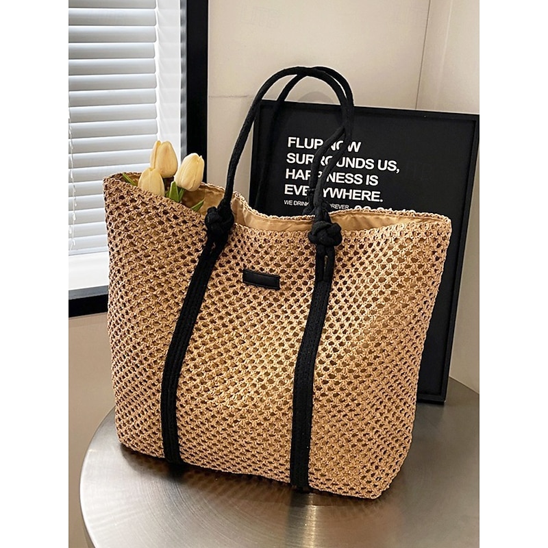 Women's Handmade Straw Tote Bag – Bohemian Woven Beach Handbag with Wooden Beaded Handles, Summer Vacation Shoulder Bag for Travel, Shopping & Casual Outings