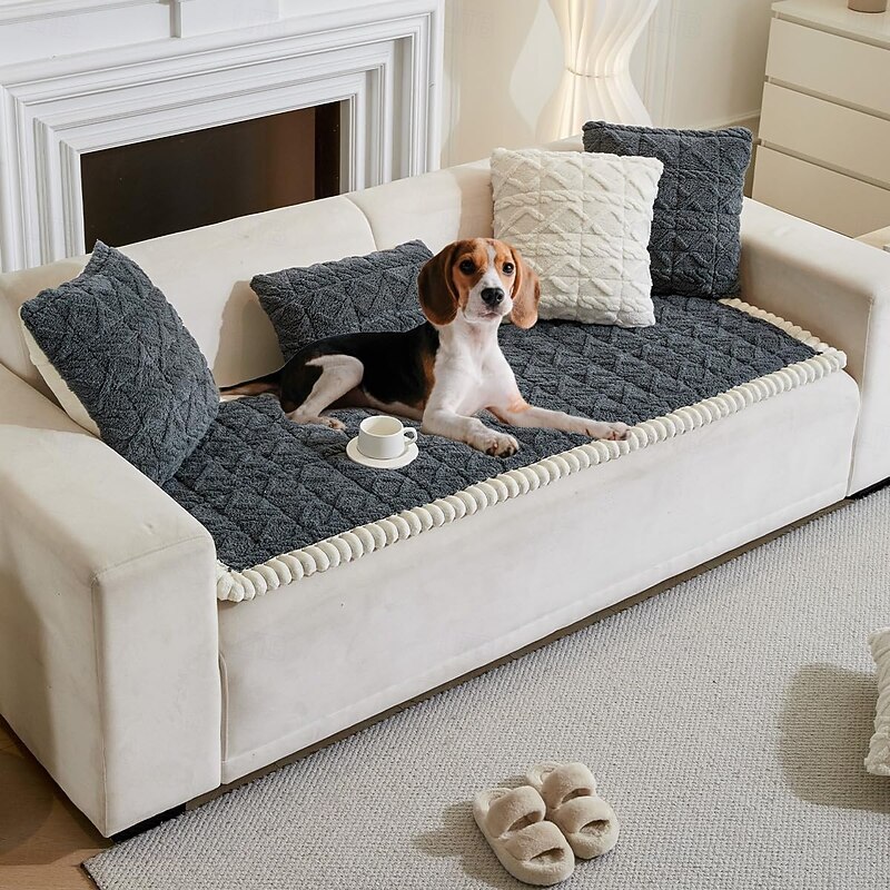 Couch Cover for Dogs Fuzzy Sofa Covers for Pet, Geometric Jacquard Coral Pet-Friendly Washable Non-Slip Sofas Slipcover Box Cushion Protector Pets Mat Dog Bed Mats