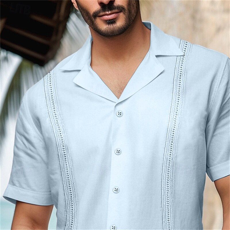 Men's Shirt Guayabera Shirt Summer Shirt Beach Shirt Plain Vacation Casual Black White Gray Light Blue Short Sleeve Collar Summer Spring Clothing Apparel2