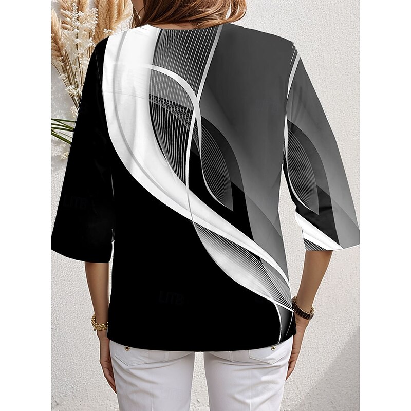Women's Blouse Long Sleeve Asymmetrical Hem Graphic Geometric Stylish Beach 3/4 Length Sleeve Crew Neck Regular Tops Daily Print Black Pink Blue Green Spring Fall2