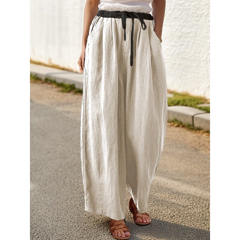 Women's Cotton Linen Pants Chinos Baggy Pants Casual Daily Comfort Full Length High Waist Solid Colored Patchwork Pocket Drawstring Breathability Comfortable Micro-elastic Casual Daily Wear Orange2