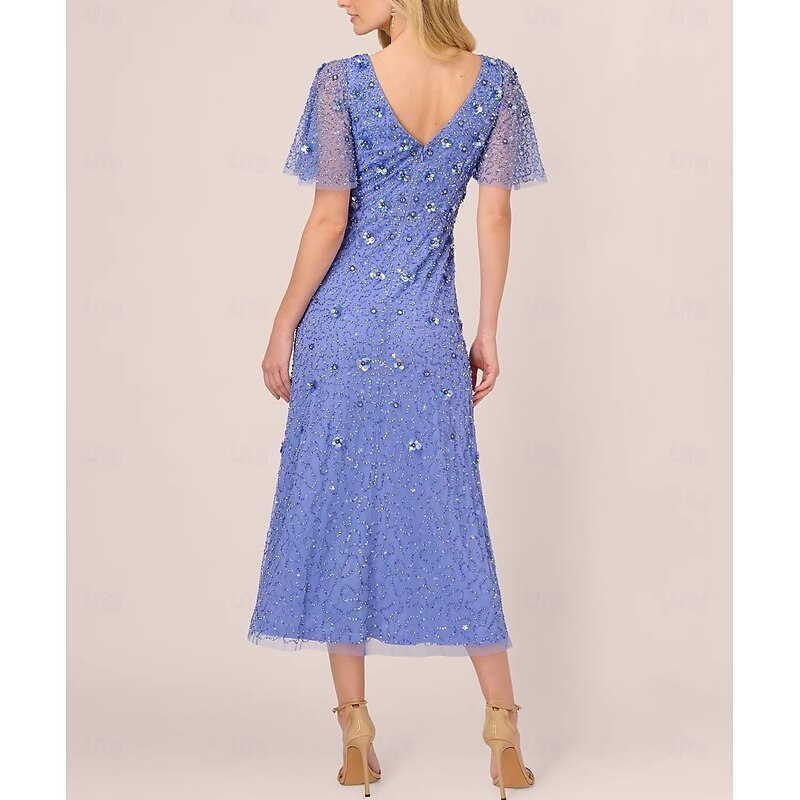 Beaded A-Line Dress Mother of the Bride Wedding Elegant Vintage V Neck Floor Length Lace Short Sleeve with Lace Sequin2