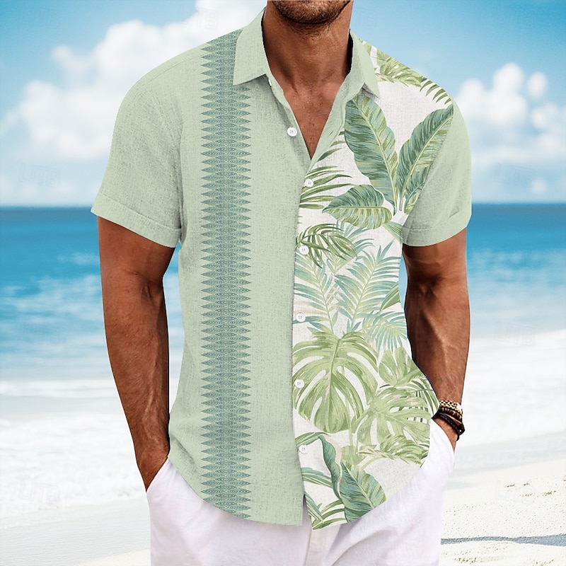 Men's Geometric Palm Leaf Tropical Plants Shirt Guayabera Shirt Button Up Shirt Short Sleeve Fashion Casual Vacation Dailywear Beach Wear Summer Spring Turndown Collared Shirts Light Pink Blue Green