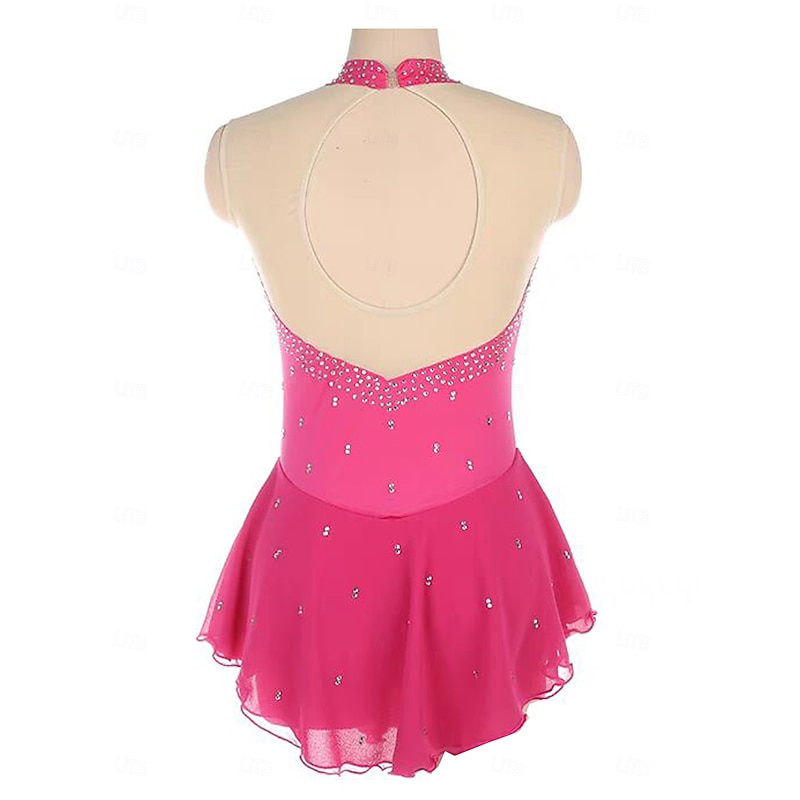 Figure Skating Dress Women's Girls' Ice Skating Dress Rose Red Patchwork Open Back Mesh Spandex Stretchy Training Practice Professional Skating Wear Thermal Warm Crystal / Rhinestone Long Sleeve Ice2