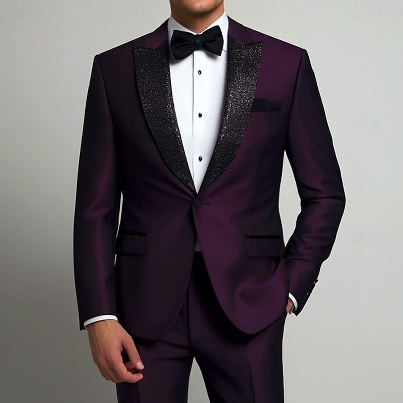 Men's Business Prom Party Suits Peaked Lapel Purple Fashion Dress Solid Colored Standard Fit 2 Piece Single Breasted One-button