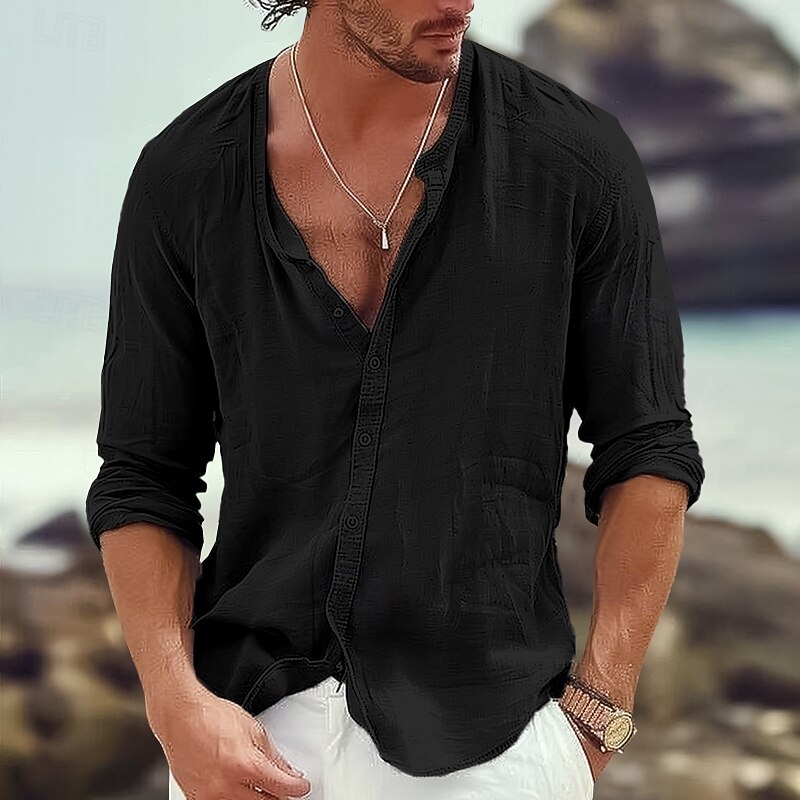 Men's Shirt Linen Shirt Summer Shirt Beach Shirt Untucked Shirts Plain Vacation Casual Black White Orange Gray Long Sleeve Band Collar Spring & Summer Clothing Apparel3
