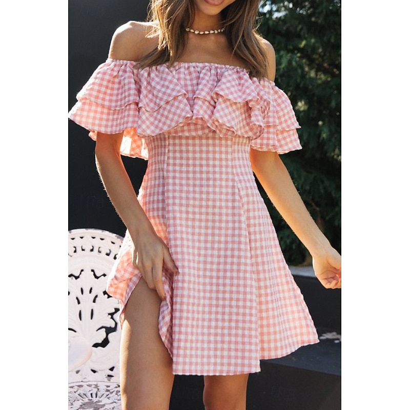 Women's Mini Dress Graduation Dress Fashion Outdoor Daily Holiday Regular Fit Plaid Short Sleeve Off Shoulder Pink Summer3