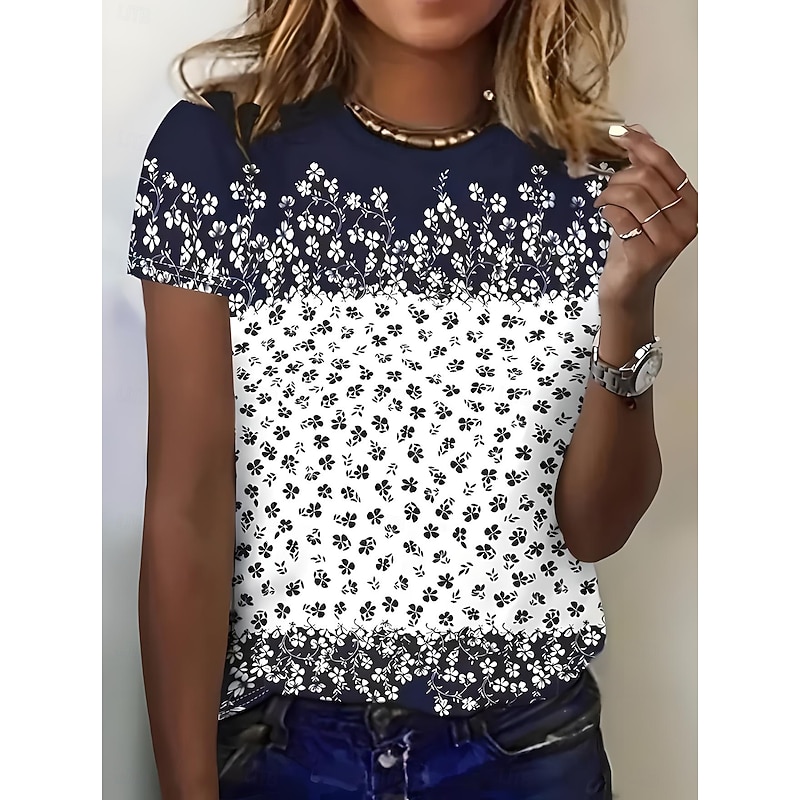 Women's T Shirt Floral Graphic Stylish Casual Short Sleeve Round Neck Regular Tops Daily Weekend Print Black Blue Khaki Summer Spring