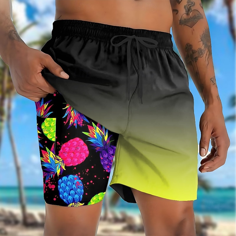Men's Fruit Pineapple Lined Shorts 2 in 1 Board Shorts Swim Shorts Mid Waist Hawaiian Vacation Holiday Beach Wear Side Pockets With Compression Liner Elastic Drawstring Waist Designer Clothing Apparel