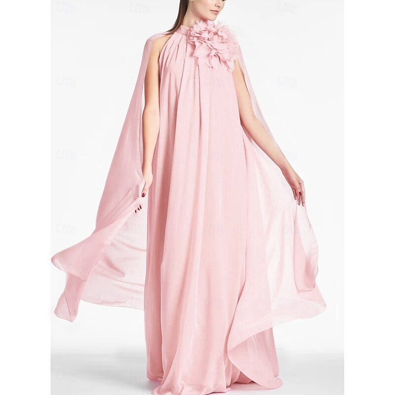 Beach Wedding A-Line Evening Gown Elegant Dress Formal Prom Floor Length Sleeveless Jewel Neck Chiffon with Shouder Flower