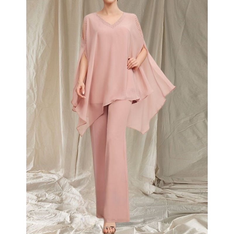 Pantsuit Mother of the Bride Dress Wedding Guest Elegant V Neck Floor Length Chiffon Long Sleeve with Beading Cascading Ruffles