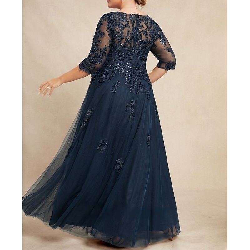 A-Line Mother of the Bride Dress Wedding Guest Elegant V Neck Floor Length Lace Tulle 3/4 Length Sleeve with Beading Appliques2