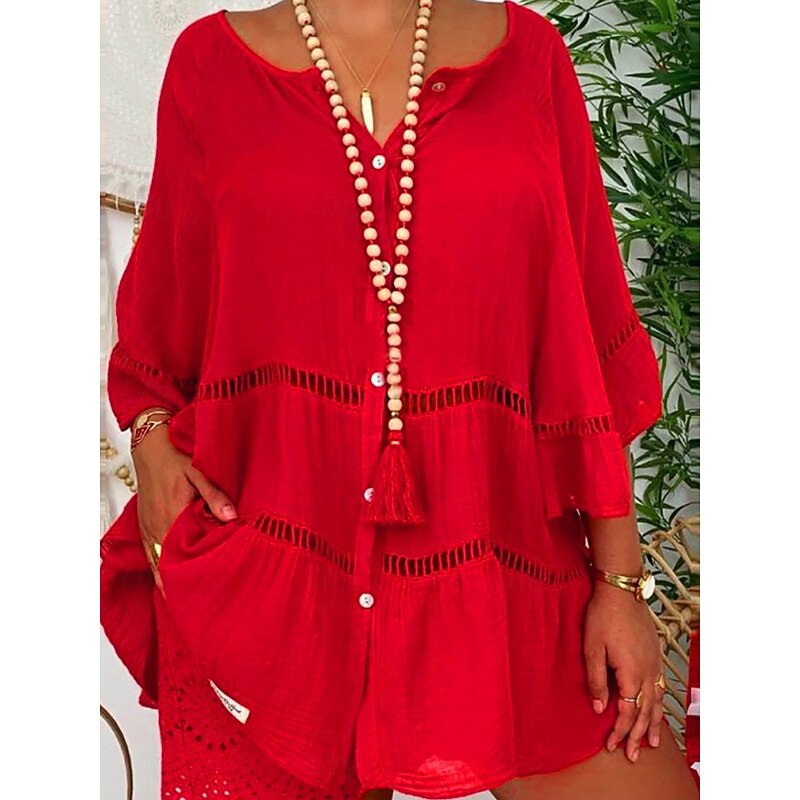 Women's Mini Dress Shift Dress Ruffle Dress Puff Sleeve Dress Linen Casual Daily Holiday Regular Fit Graphic 3/4 Length Sleeve V Neck White Yellow Red Brown Summer4