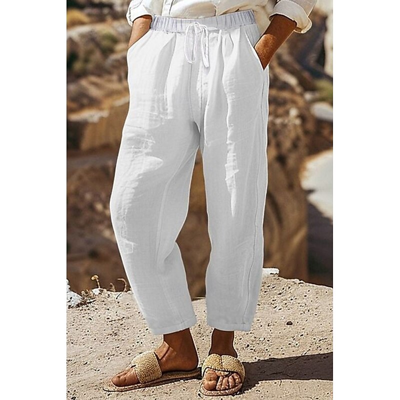 Women's Cotton Linen Shorts Linen-Inspired Pants Cotton Linen Pants Streetwear Casual Full Length Natural Plain Pocket Elastic Drawstring Design Comfy Outdoor Daily Wear Going out Black White Blue