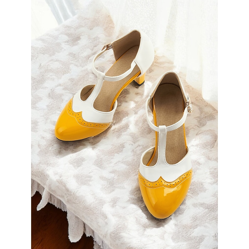 Women's 1950s Vintage T-Strap Mary Jane Heels – Two-Tone Brogue Low Heel Shoes for Retro Parties, Office Wear, and Special Occasions4