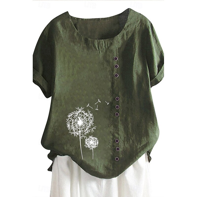 Women's T Shirt Cotton Shirt Cotton Linen Shirts Floral Fashion Casual Short Sleeve Crew Neck Regular Tops Daily Going out Weekend Print Yellow Light Green Pink Army Green Navy Blue Summer4