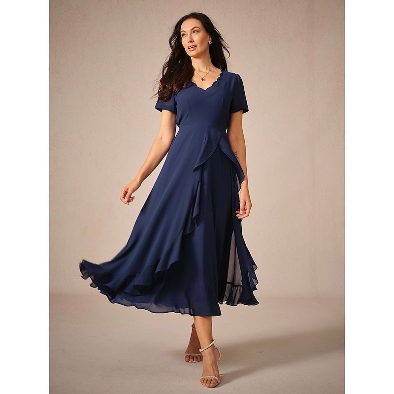 Women's Maxi Dress A Line Dress Elegant Formal Wedding Wedding Guest Loose Fit Solid Color Short Sleeve Asymmetrical V Neck Navy Blue Summer Spring2