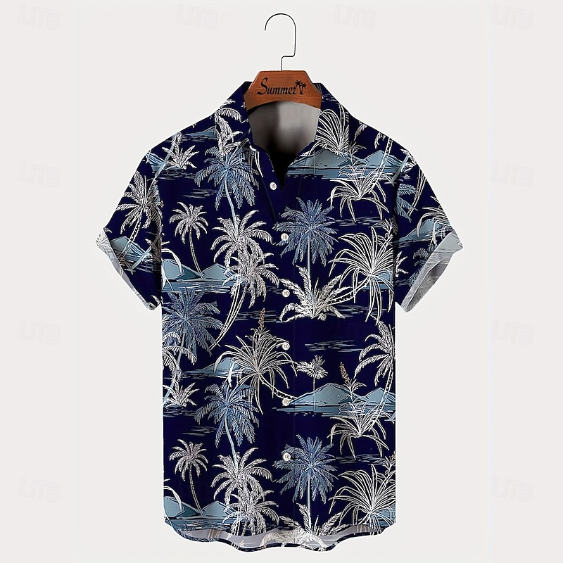 Men's Coconut Tree Tropical Plants Casual Shirt Summer Hawaiian Shirt Button Up Shirt Short Sleeve Hawaiian Resort Vacation Holiday Beach Wear Summer Spring Turndown 3D Print Collared Shirts Dark Blue