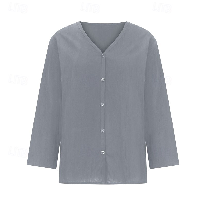 Women's Blouse Cotton Linen Shirts Plain Basic Modern 3/4 Length Sleeve V Neck Regular Tops Daily Holiday Going out Buttons Black White Pink Brown Apricot Summer4