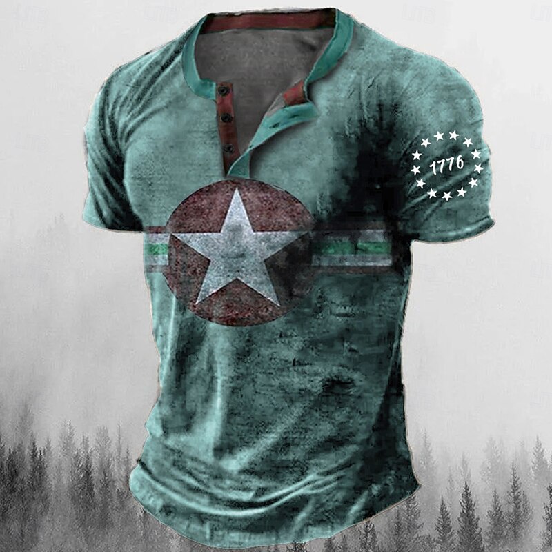 Men's Graphic Star Henley Shirt Tee Short Sleeve 3D Print Fashion Designer Comfortable Outdoor Casual Daily Summer Blue Brown Green Army Green Henley Henley T-Shirt4