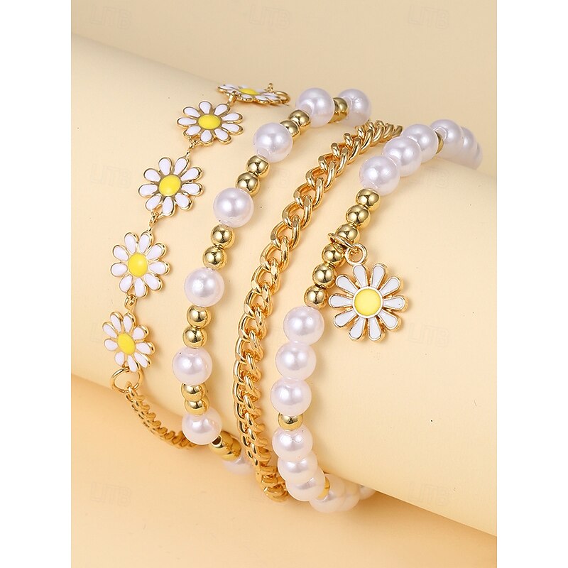 "Boho Daisy Pearl Bracelet Set for Women – Gold Chain & Beaded Layered Bracelets, Cute Floral Jewelry for Summer, Beach, Festivals and Casual Wear"4