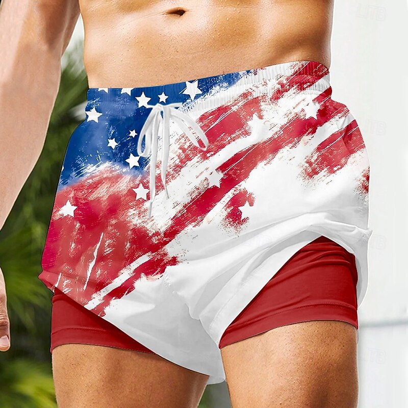 Men's American US Flag Patriotic Lined Shorts 2 in 1 Board Shorts Swimming Trunks Mid Waist Hawaiian Vacation Beach Side Pockets With Compression Liner Elastic Drawstring Waist Designer Clothing2