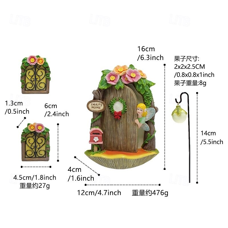 Fairy Door and Windows for Tree, 4 pcs, Glow in the Dark Fairy Garden Miniature Accessories for Tree Stump Decor, Resin Fairy House Kit with Fairy Lantern for Gnome, Outdoor Yard, Lawn, Garden Decor2