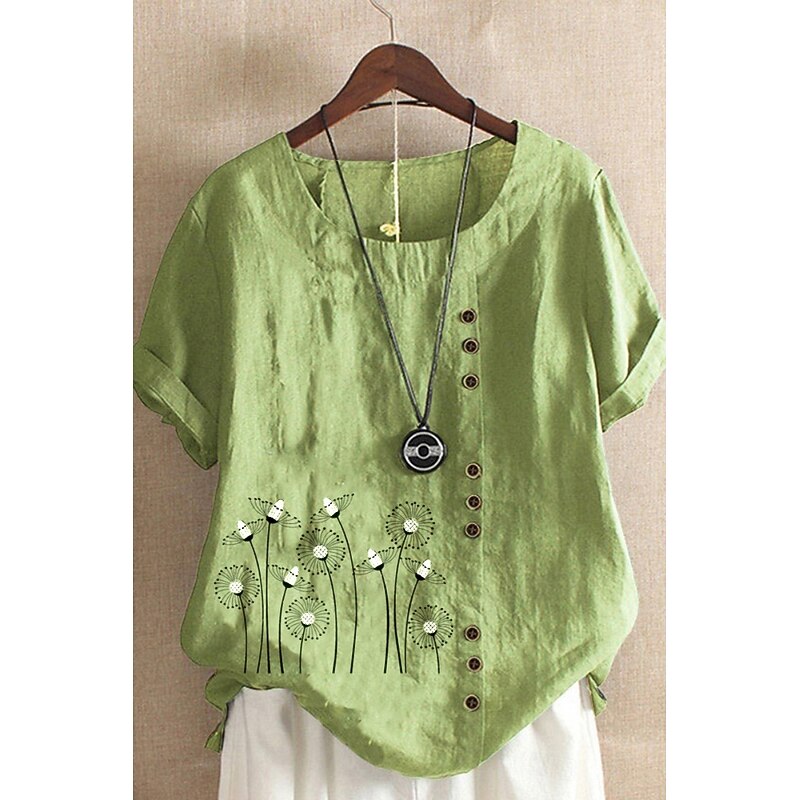 Women's Shirt Blouse Cotton Linen Shirts Flower Basic Modern Short Sleeve Crew Neck Regular Tops Daily Holiday Going out Print White Yellow Blue Green Summer4