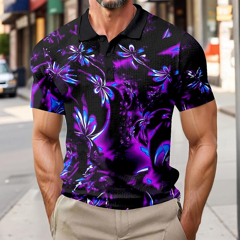 Men's Floral Waffle Polo Shirts Short Sleeve Polo Shirts Collared Shirts Business Casual Outdoor Business Athleisure Buttons 3D Print Summer Blue Purple Green3