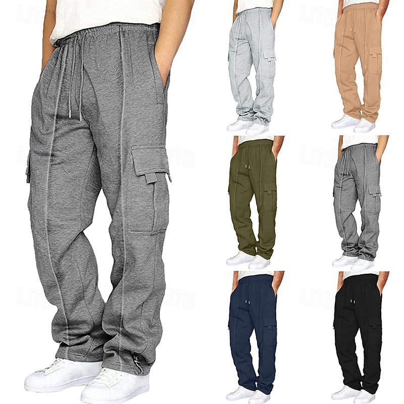 Men's Athletic Pants Trousers Cargo Sweatpants Pleated Pants Drawstring Elastic Waist Multi Pocket Plain Comfort Sports Outdoor Daily Fashion Casual Black Navy Blue Micro-elastic