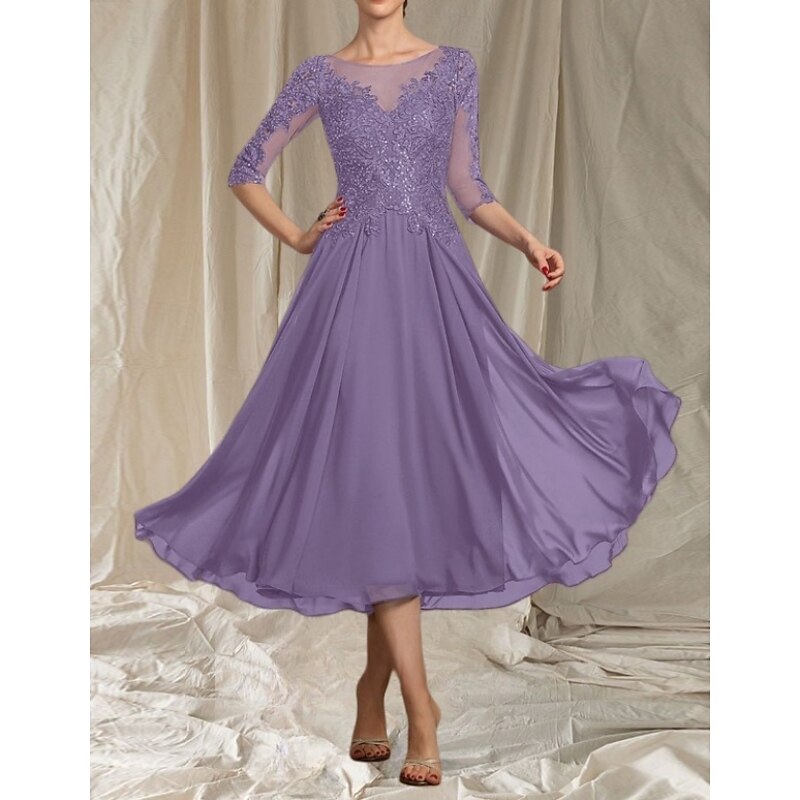 A-Line Mother of the Bride Dress Wedding Guest Elegant Crew Neck Tea Length Chiffon Tulle Half Sleeve with Beading Appliques Midi Dress