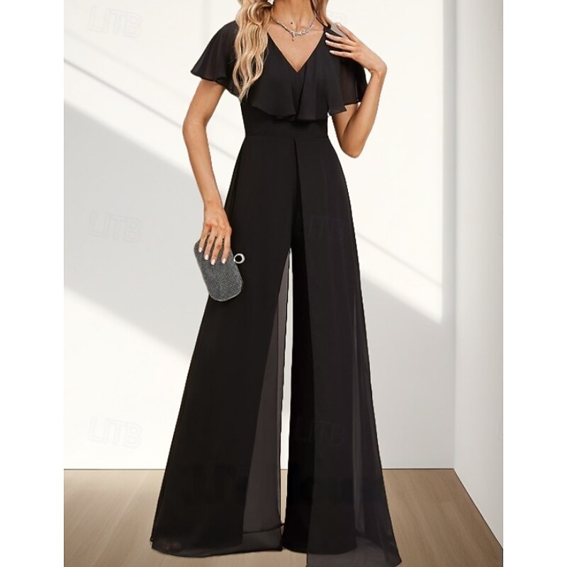 Jumpsuit / Pantsuit Mother of the Bride Dress Wedding Guest Elegant V Neck Floor Length Chiffon Short Sleeve with Ruffles Side Draping4