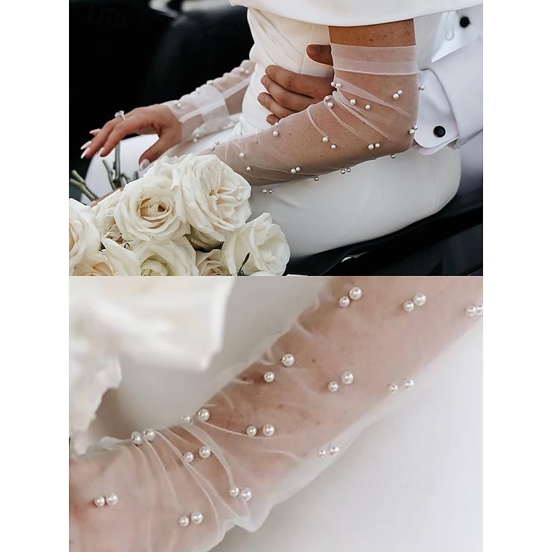 Elegant Sheer Pearl Bridal Gloves – Long Tulle Wedding Gloves for Women, Vintage Mesh Fingerless Sleeves, Formal Party & Special Occasion Accessory3