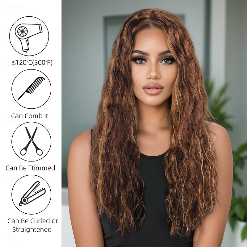 Synthetic Wig Loose Curl Deep Wave Layered Haircut Deep Parting Machine Made Wig 28 inch A1 Synthetic Hair Women's Elastic Classic Highlighted / Balayage Hair Dark Brown3
