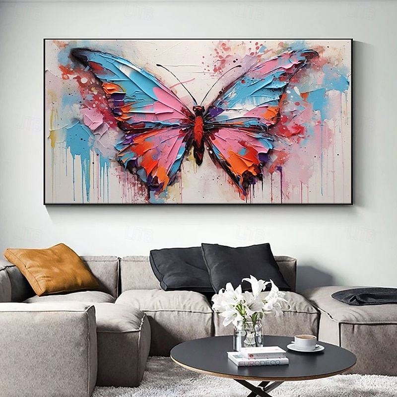 Handmade Oil Painting Canvas Wall Art Decoration Modern Abstract Texture Knife Drawing colorful Butterflie for Living Room Home Decor Rolled Frameless Unstretched Painting