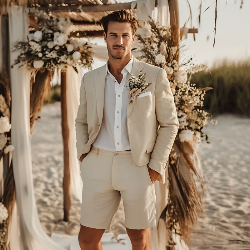 Men's Beach Wedding Linen Suits Notch Lapel Khaki Fashion Solid Colored Standard Fit 2 Piece Single Breasted One-button2