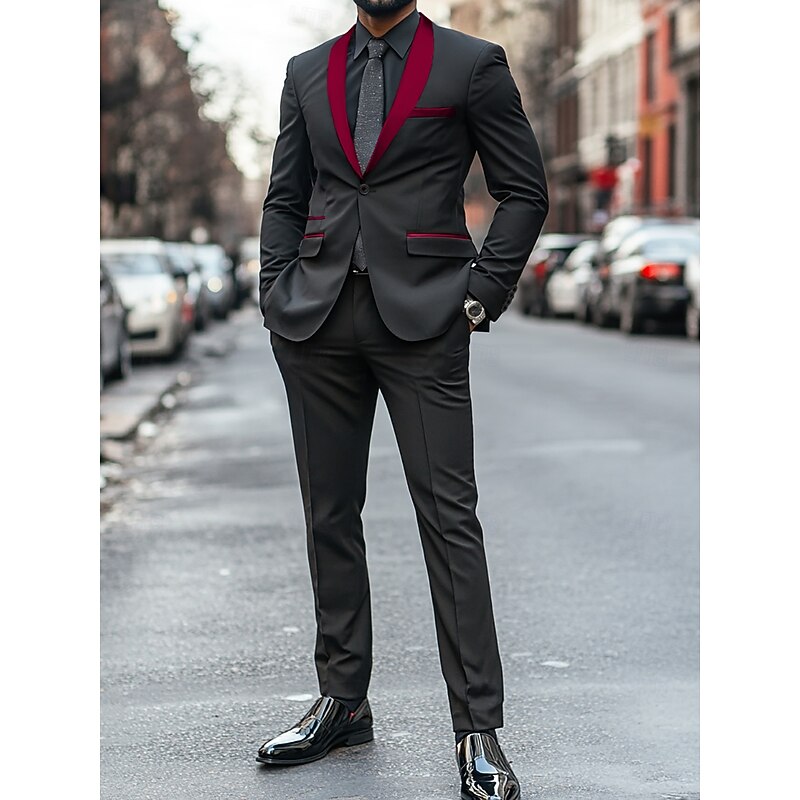 Men's Wedding Prom Party Suits Shawl Lapel Red Fashion Formal Solid Colored Standard Fit 2 Piece Single Breasted One-button2