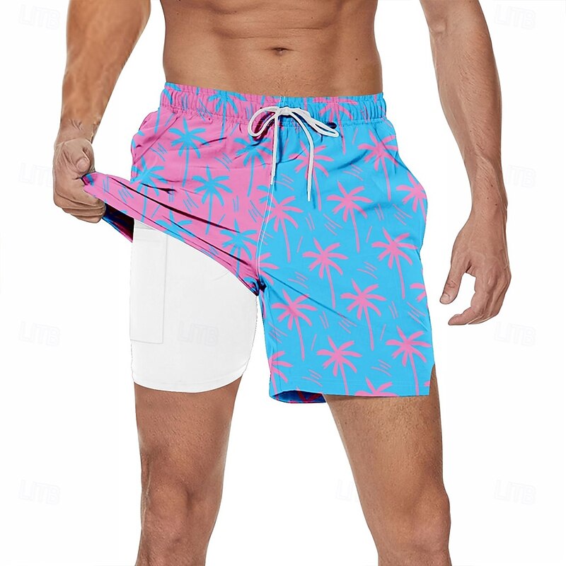 Men's Coconut Tree Tropical Plants Lined Shorts Swim Shorts Board Shorts Mid Waist Hawaiian Vacation Holiday Beach Wear Side Pockets With Compression Liner Elastic Drawstring Waist Designer Clothing
