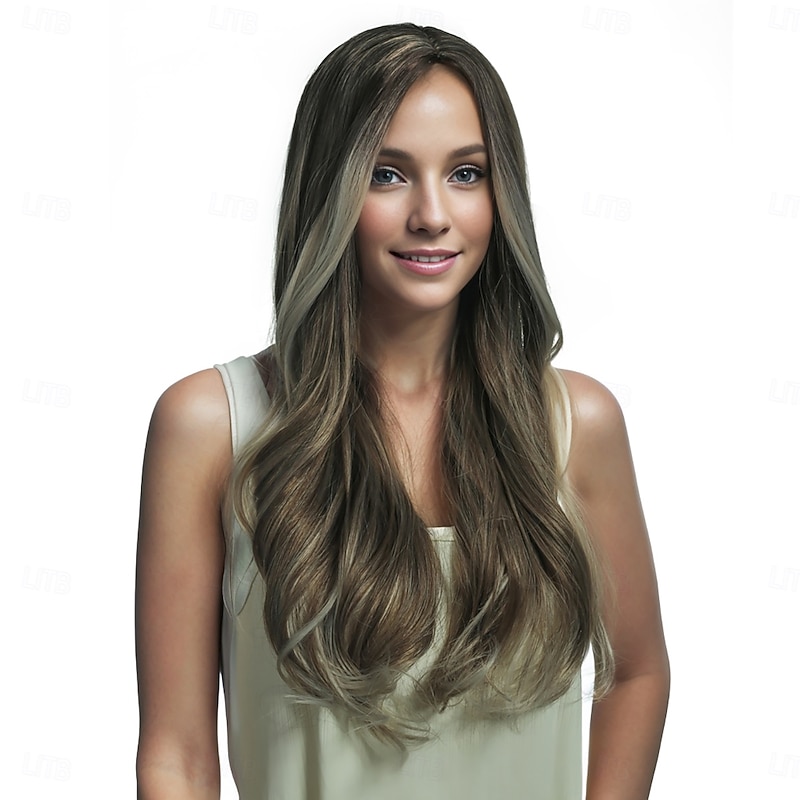 Synthetic Wig Body Wave Wavy Layered Haircut Deep Parting Machine Made Wig 24 inch A1 Synthetic Hair Women's Middle Part Classic Color Gradient Blonde4